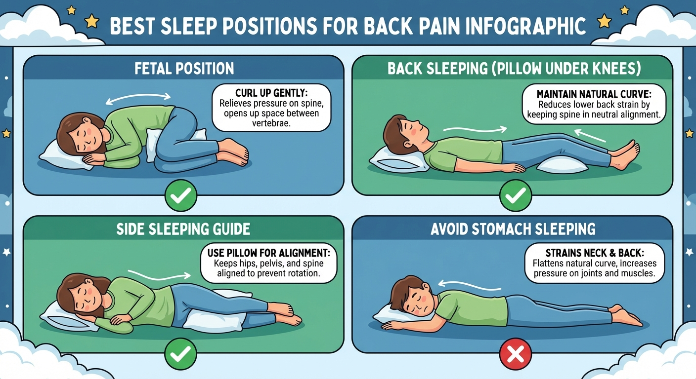 Infographic showing three sleeping positions (back, side, stomach) with anatomical spine overlay in